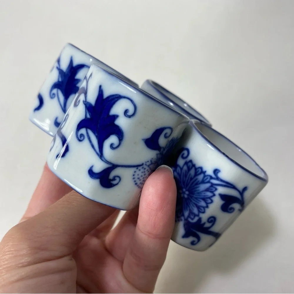 4x Pier 1 Mandarin Blue White Porcelain Napkin Ring Holders